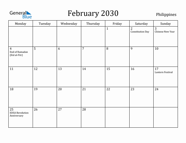 February 2030 Calendar Philippines