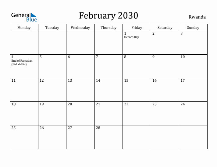 February 2030 Calendar Rwanda