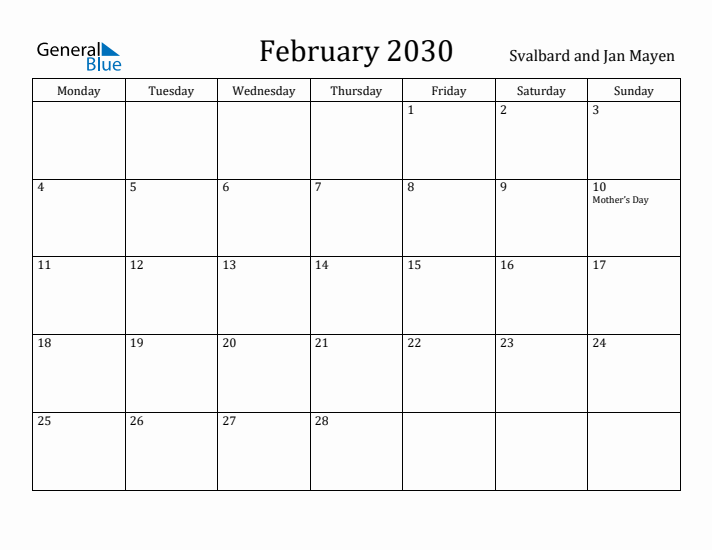 February 2030 Calendar Svalbard and Jan Mayen