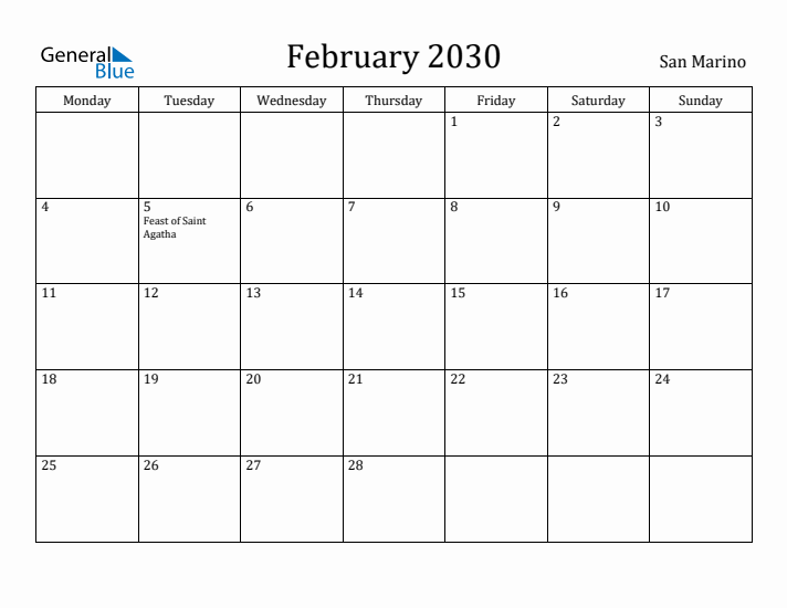 February 2030 Calendar San Marino