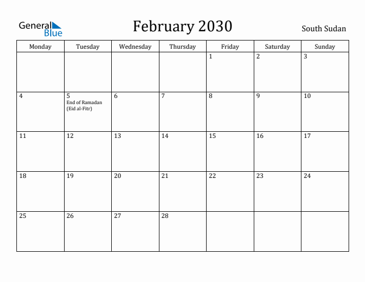 February 2030 Calendar South Sudan