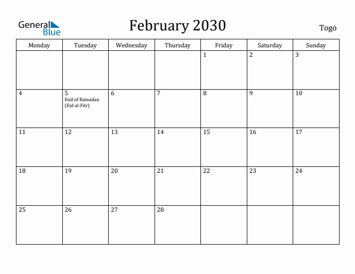 February 2030 Calendar Togo