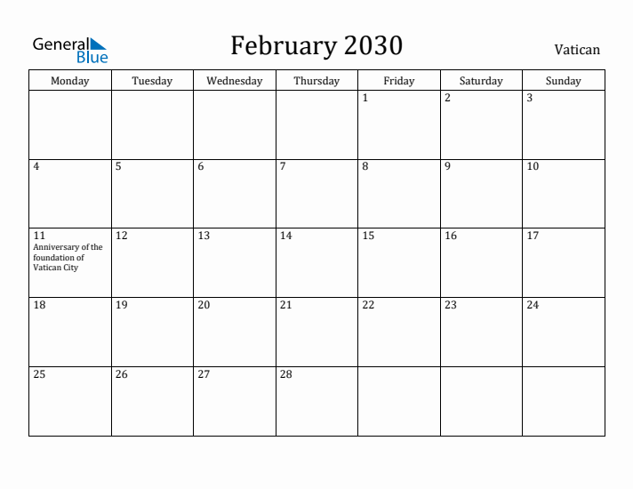 February 2030 Calendar Vatican