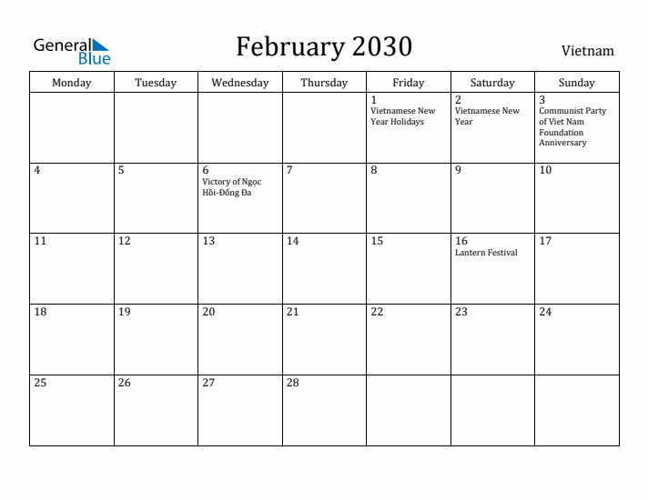 February 2030 Calendar Vietnam