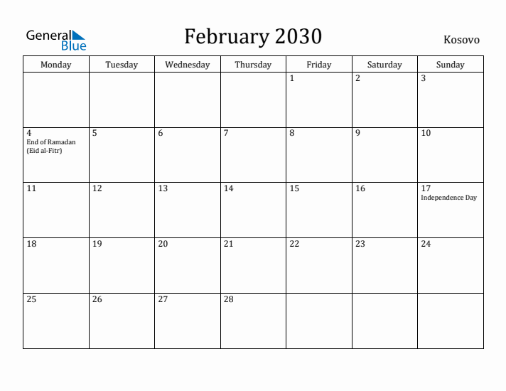 February 2030 Calendar Kosovo