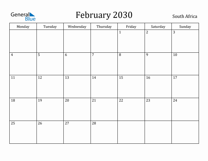 February 2030 Calendar South Africa