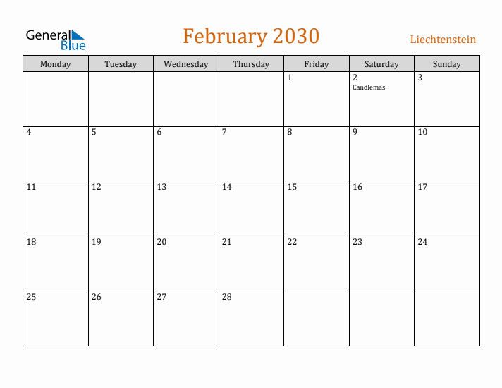 February 2030 Holiday Calendar with Monday Start