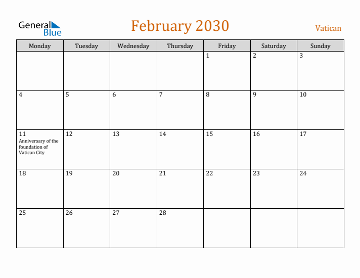 February 2030 Holiday Calendar with Monday Start