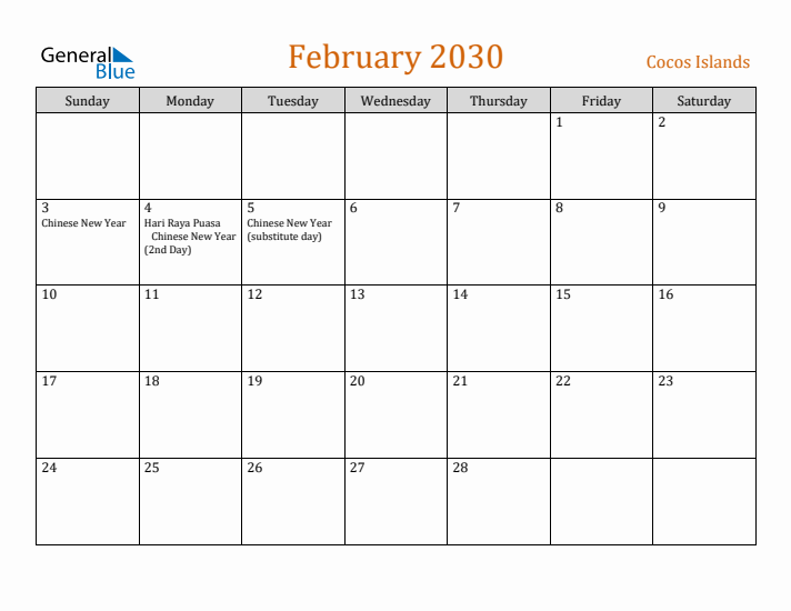 February 2030 Holiday Calendar with Sunday Start