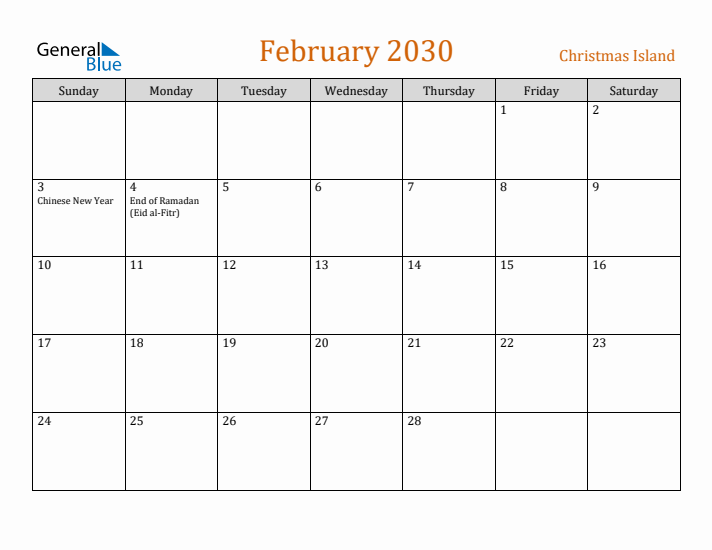 February 2030 Holiday Calendar with Sunday Start