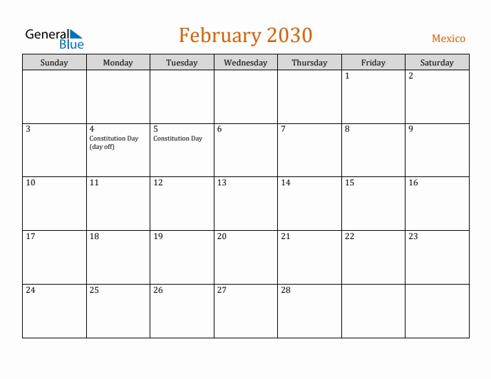 February 2030 Holiday Calendar with Sunday Start