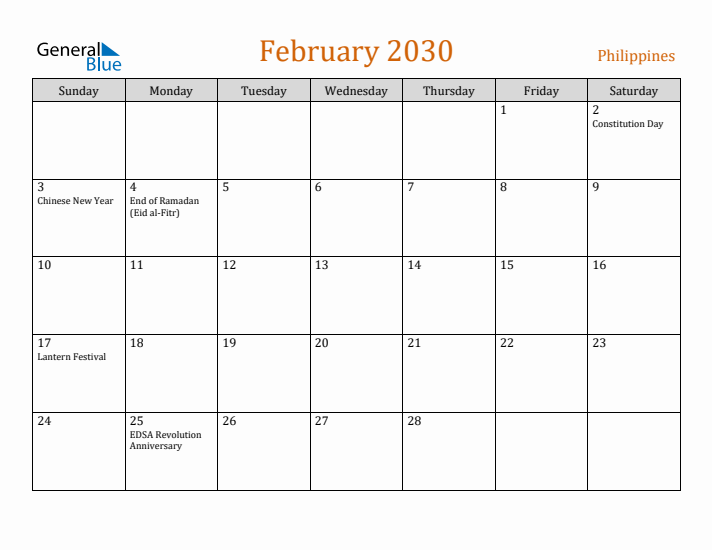 February 2030 Holiday Calendar with Sunday Start