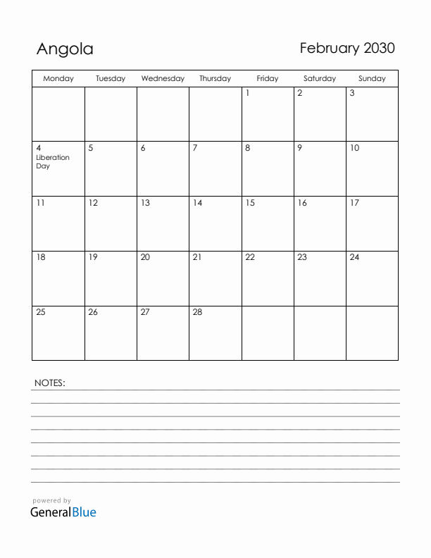 February 2030 Angola Calendar with Holidays (Monday Start)