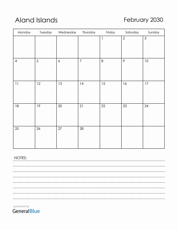 February 2030 Aland Islands Calendar with Holidays (Monday Start)