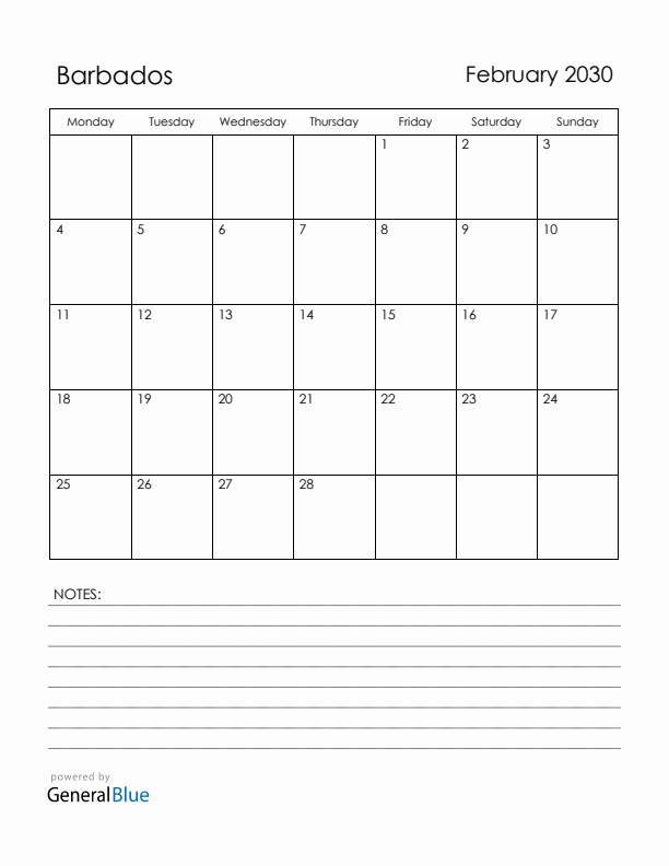 February 2030 Barbados Calendar with Holidays (Monday Start)