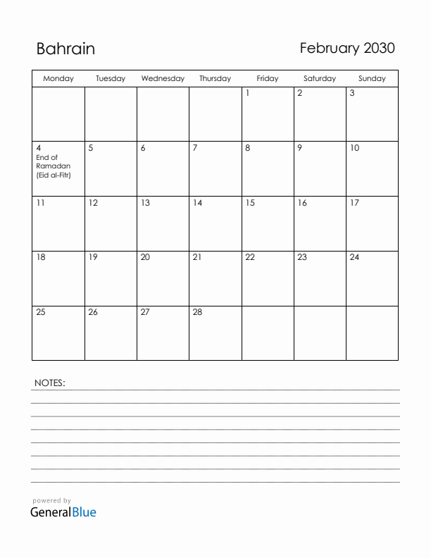 February 2030 Bahrain Calendar with Holidays (Monday Start)