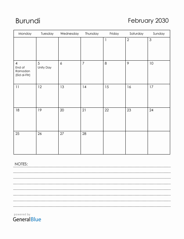 February 2030 Burundi Calendar with Holidays (Monday Start)