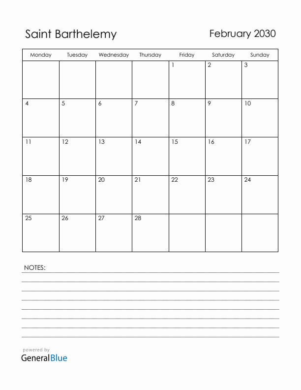 February 2030 Saint Barthelemy Calendar with Holidays (Monday Start)