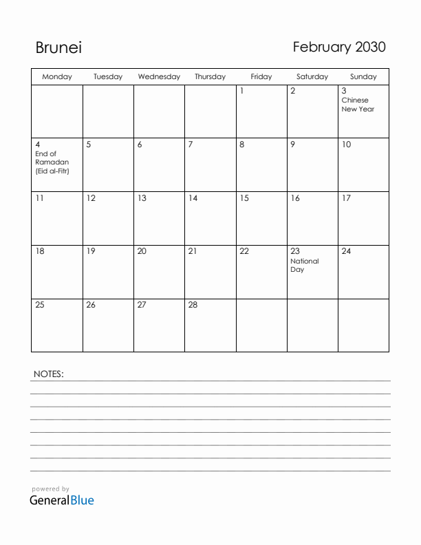 February 2030 Brunei Calendar with Holidays (Monday Start)