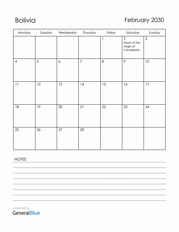 February 2030 Bolivia Calendar with Holidays (Monday Start)