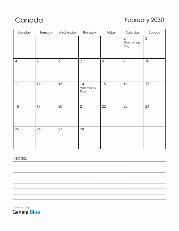 February 2030 Canada Calendar with Holidays (Monday Start)