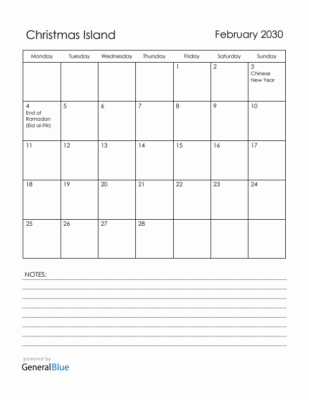 February 2030 Christmas Island Calendar with Holidays (Monday Start)