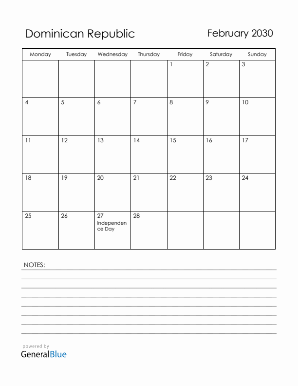 February 2030 Dominican Republic Calendar with Holidays (Monday Start)