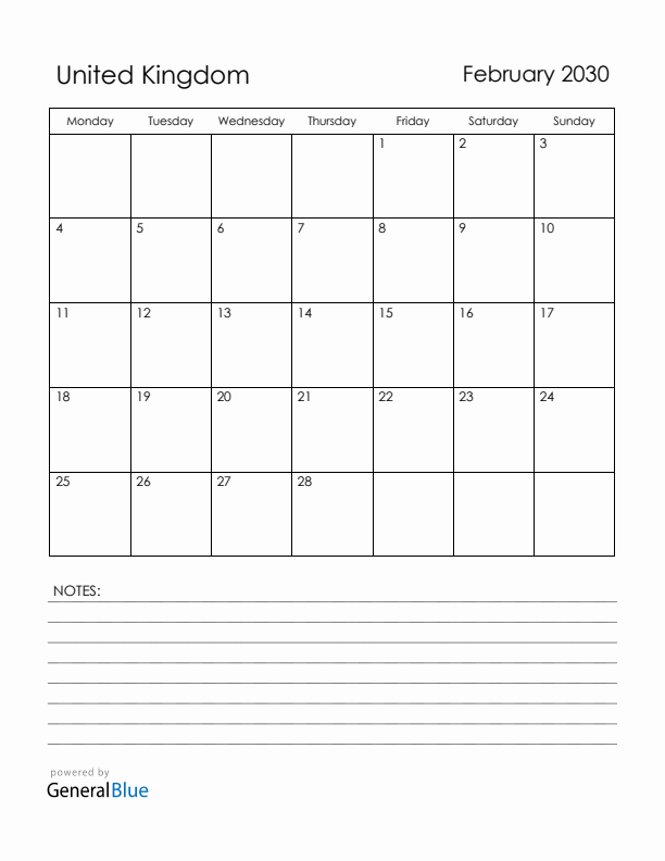 February 2030 United Kingdom Calendar with Holidays (Monday Start)