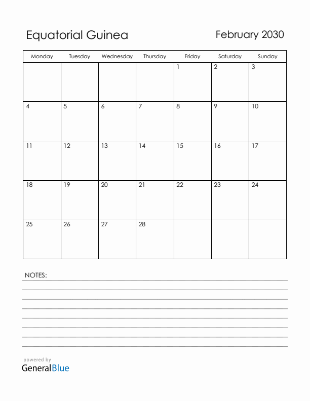 February 2030 Equatorial Guinea Calendar with Holidays (Monday Start)