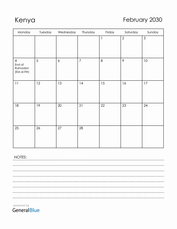 February 2030 Kenya Calendar with Holidays (Monday Start)