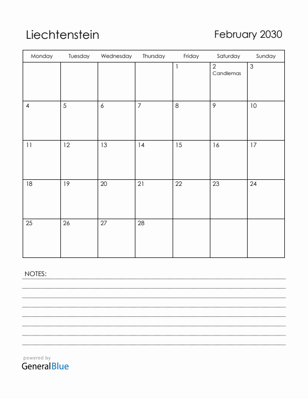 February 2030 Liechtenstein Calendar with Holidays (Monday Start)