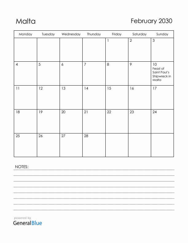 February 2030 Malta Calendar with Holidays (Monday Start)