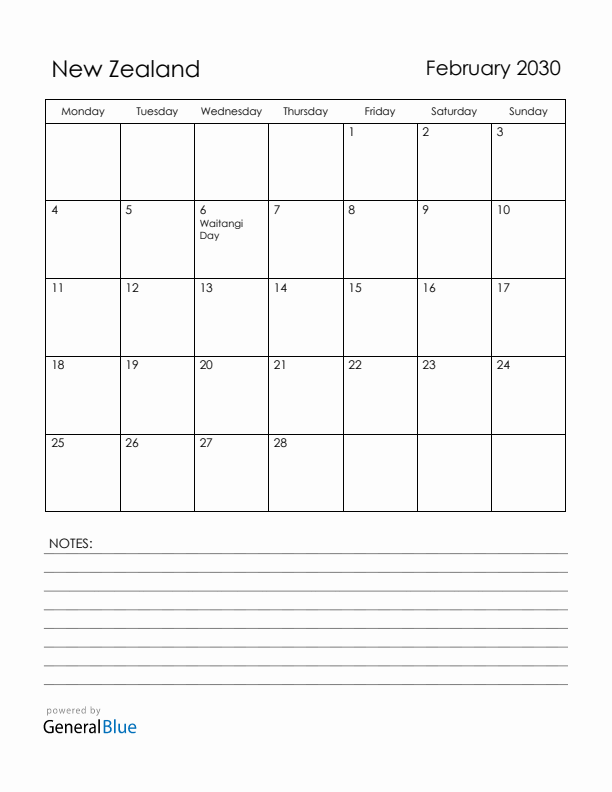 February 2030 New Zealand Calendar with Holidays (Monday Start)