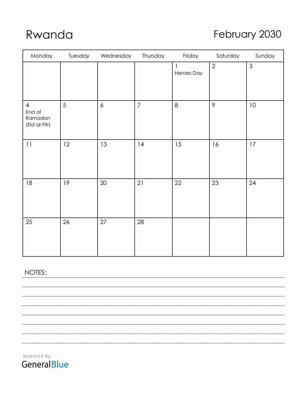 February 2030 Rwanda Calendar with Holidays (Monday Start)