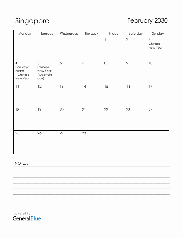 February 2030 Singapore Calendar with Holidays (Monday Start)