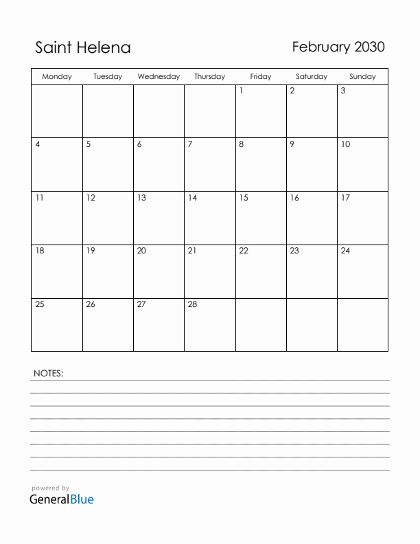 February 2030 Saint Helena Calendar with Holidays (Monday Start)