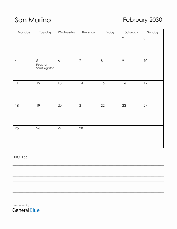 February 2030 San Marino Calendar with Holidays (Monday Start)