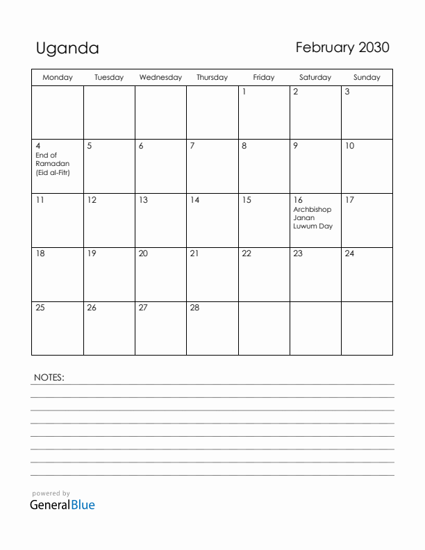 February 2030 Uganda Calendar with Holidays (Monday Start)