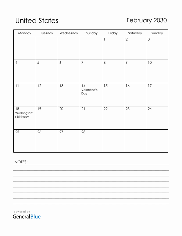February 2030 United States Calendar with Holidays (Monday Start)