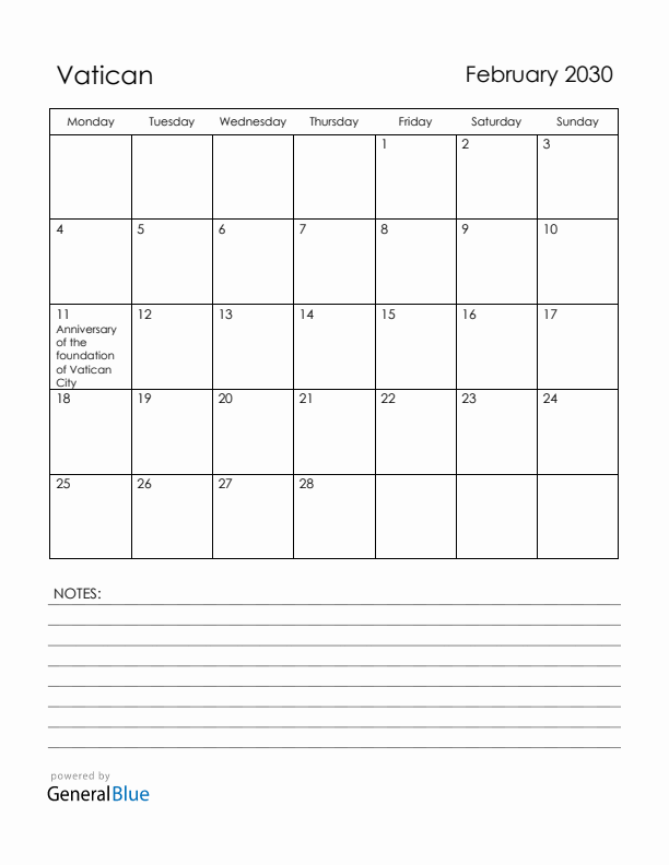 February 2030 Vatican Calendar with Holidays (Monday Start)