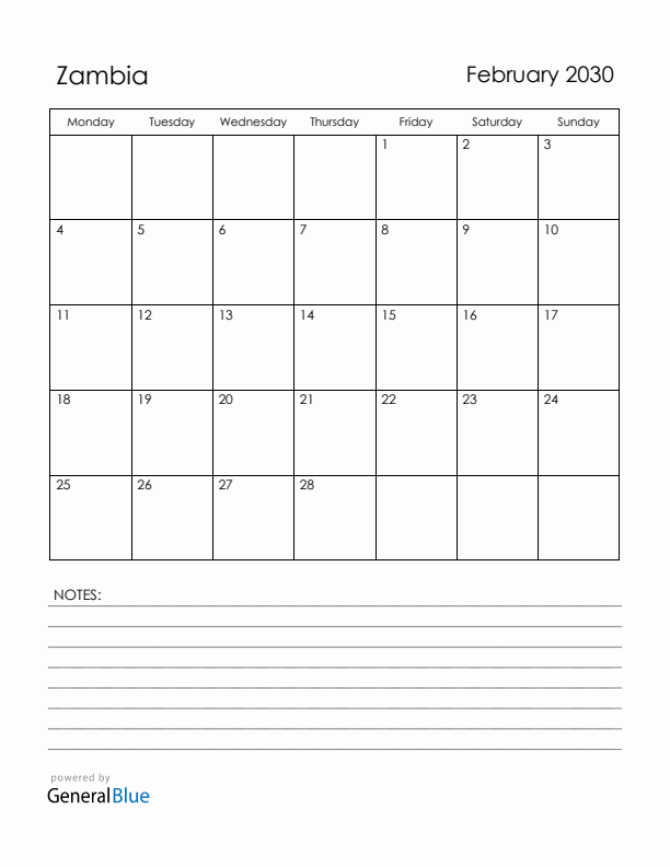 February 2030 Zambia Calendar with Holidays (Monday Start)
