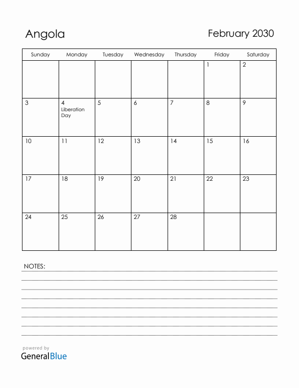 February 2030 Angola Calendar with Holidays (Sunday Start)