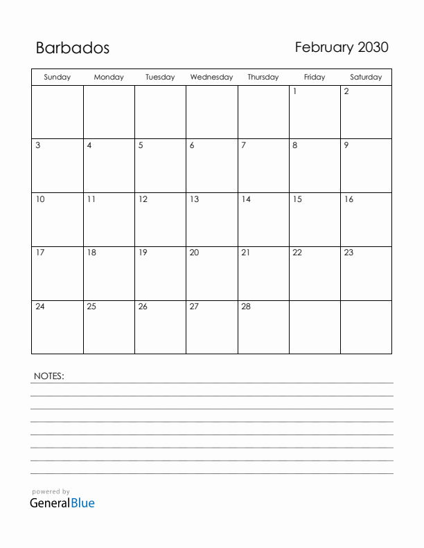 February 2030 Barbados Calendar with Holidays (Sunday Start)