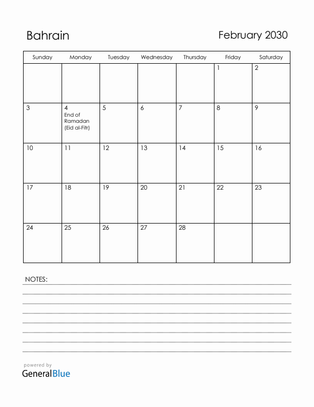 February 2030 Bahrain Calendar with Holidays (Sunday Start)