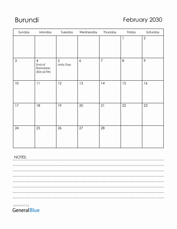 February 2030 Burundi Calendar with Holidays (Sunday Start)