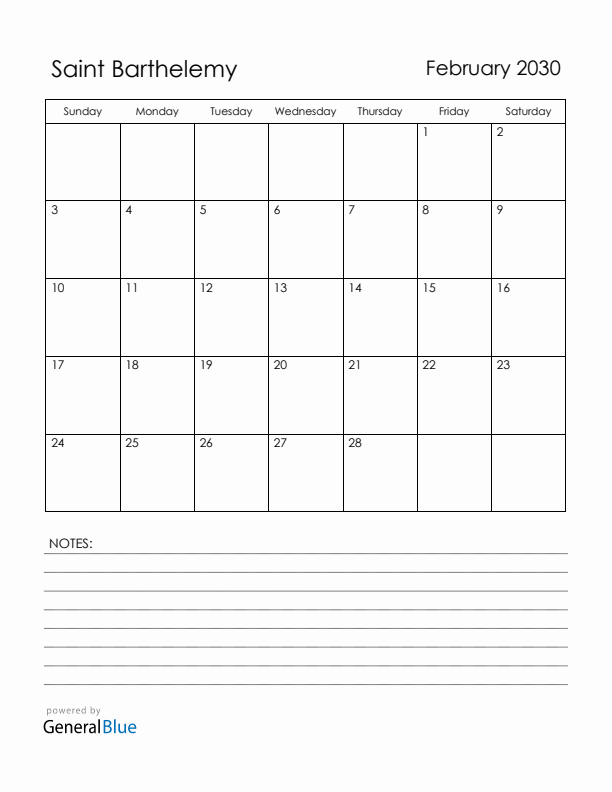 February 2030 Saint Barthelemy Calendar with Holidays (Sunday Start)