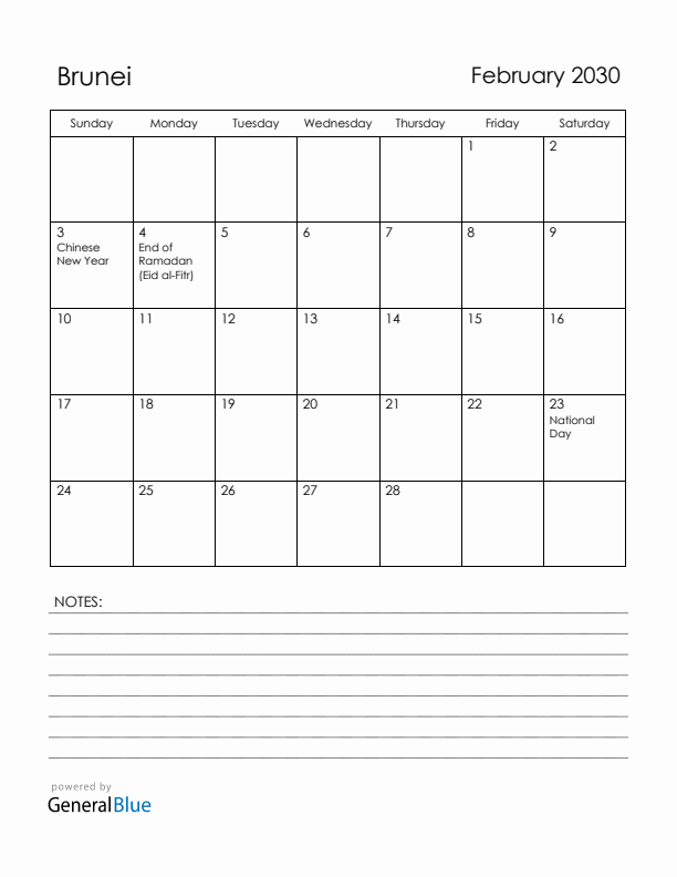 February 2030 Brunei Calendar with Holidays (Sunday Start)