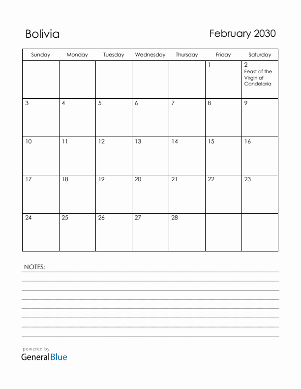 February 2030 Bolivia Calendar with Holidays (Sunday Start)