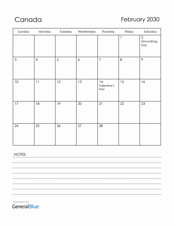 February 2030 Canada Calendar with Holidays (Sunday Start)