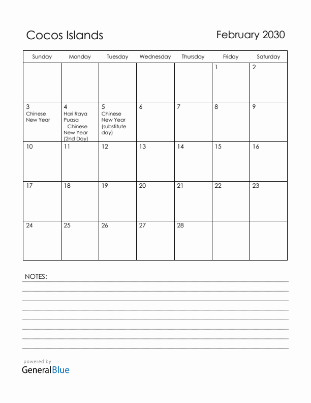 February 2030 Cocos Islands Calendar with Holidays (Sunday Start)